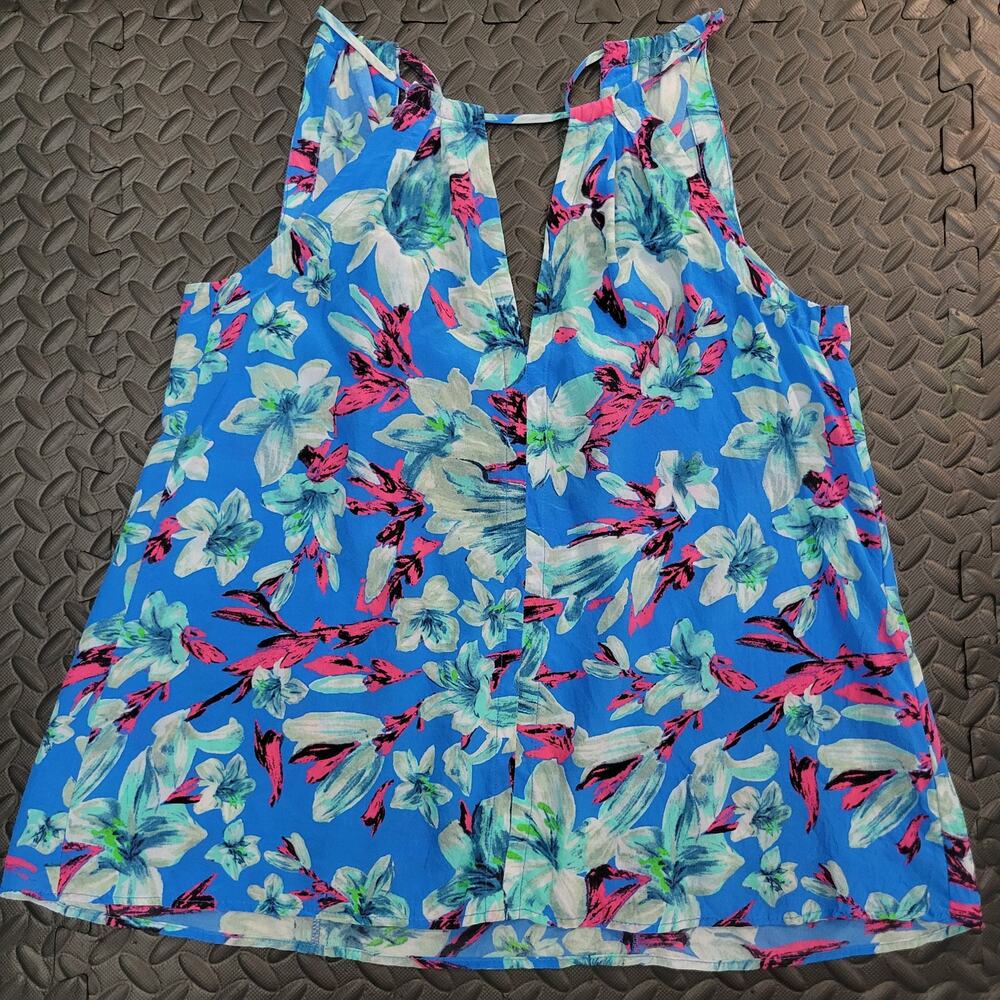 Vintage Silk Floral Tie Back Tank Top Blue Pink Tropical Resortwear Summer Beach